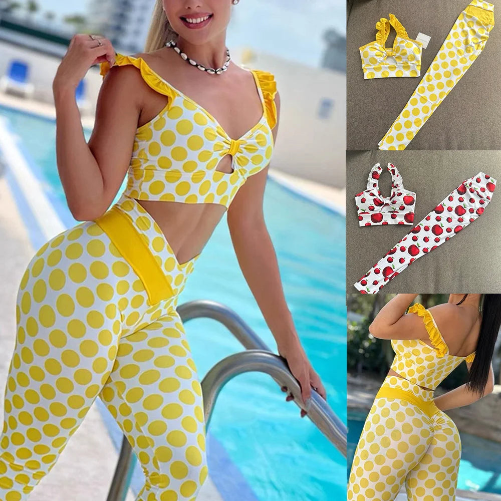 Woman in yellow polka dot swimsuit by a pool, with separate images of bikini top and pants.