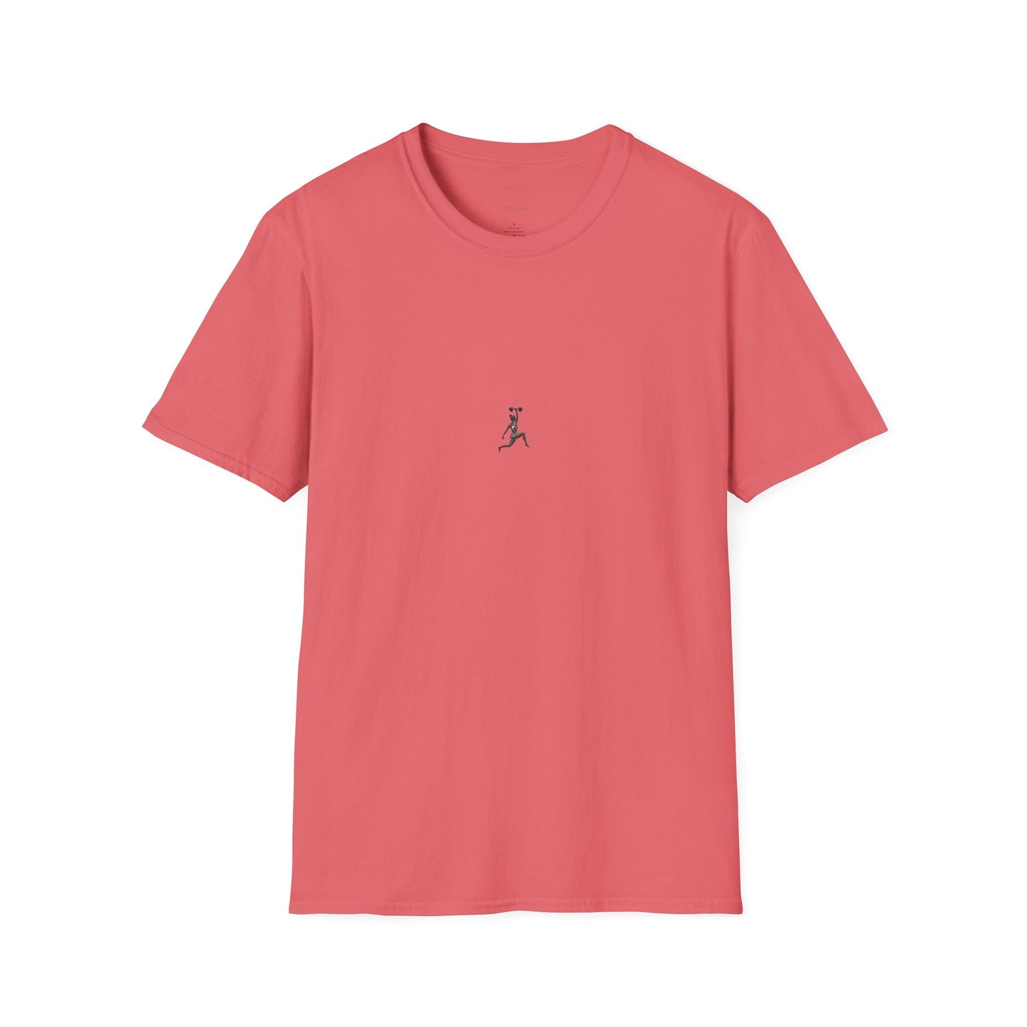 Pink t-shirt with a small logo on a white background