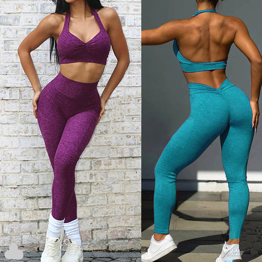 Two individuals wearing purple and teal athletic outfits against different backgrounds.