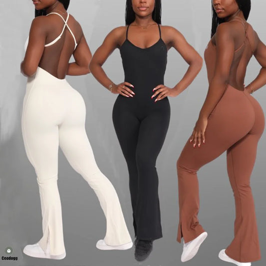 Three women wearing different colored bodysuits on a gray background